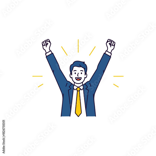 Successful Businessman Celebrating Achievement with Arms Raised in Victory.