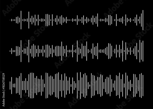 Voice message template set. Equalizer symbols. Audio chat speech sound wave white icons. Flat elements for mobile messenger, podcast online radio interface, music player, app. Waveform simple patterns