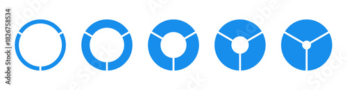 Wheels round divided in three equal sections. Set of diagrams infographic icon. Circle section graph patterns. Pie chart blue mockups. Donut charts, pies segmented on 3 equal parts. Geometric elements