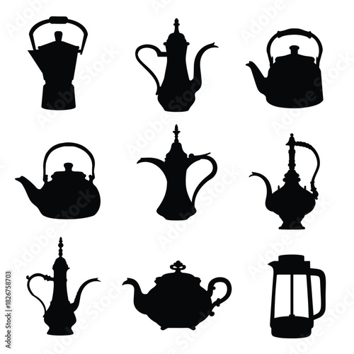 Teapot and Kettle Silhouettes Vector Set, Diverse Collection of Coffee Pots and Teaware Icons