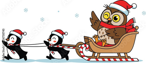 Cartoon penguins pulling an owl in a christmas sleigh through the snow with santa hats on