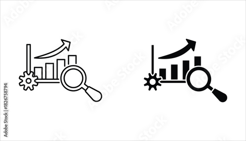 Research icon set. Concept of Business analysis and engine optimization in outline style. Used for logo, emblem, and web design. Vector Illustration on white background.