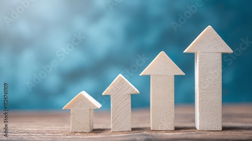 Wooden arrow blocks showing growth & progress symbolize business success, market trends, and financial upswing. Illustrates upward trajectory and positive advancement