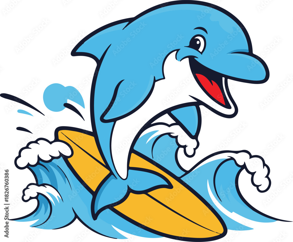 Obraz premium Cartoon Dolphin Surfing on Wave Isolated Illustration for Kids
