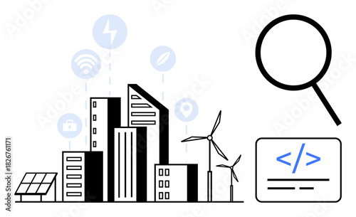 City skyline with wind turbines, solar panel, magnifying glass, technology icons, and coding panel. Ideal for sustainability, innovation, urbanization, green energy smart technology AI