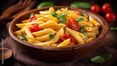 Delicious penne pasta with a creamy sauce, fresh basil, and juicy cherry tomatoes, served in a rustic wooden bowl on a warm, inviting background. Comfort food at its finest!