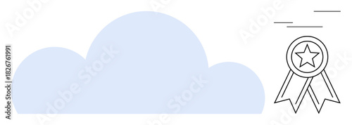 Cloud symbol with an achievement ribbon featuring a star, signifying storage, success, and quality. Ideal for technology, data, recognition, achievement success cloud computing minimalism. Simple