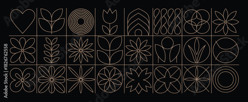abstract geometric line background, minimal mosaic floral pattern with simple shapes and lines, nature icons, vector modern botanic design for wallpapers, posters, invitations, and graphic projects.