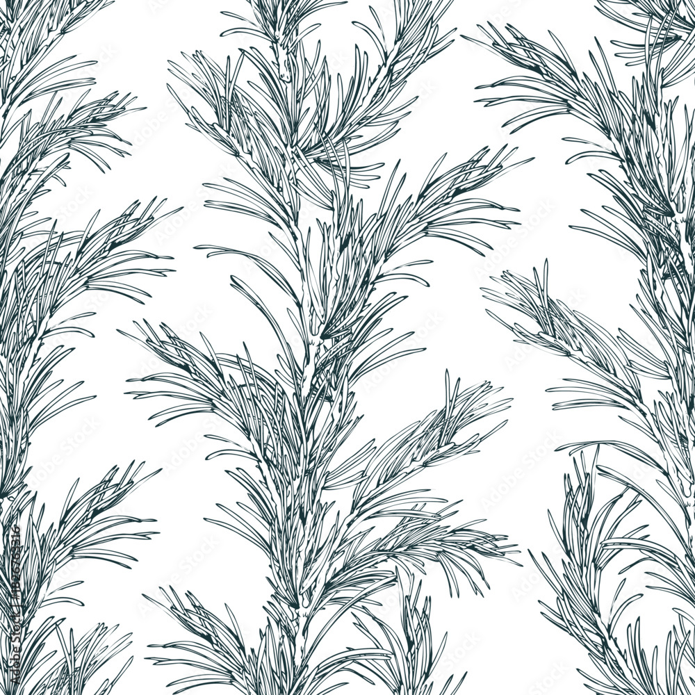 Obraz premium A seamless pattern of pine branches with fluffy, classic floral garlands. This graphic line art illustration is hand-drawn with pen and ink in monochrome. Christmas, winter, and New Year s print.