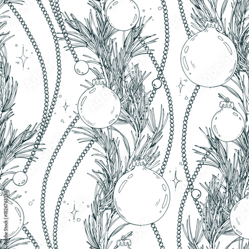 A seamless pattern of pine branches with baubles and beads, floral garlands. A hand-drawn monochrome line art graphic illustration with pen and ink. Christmas, winter, and New Year s print.
