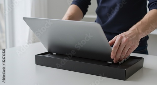 A person is unboxing a new slim laptop, preparing the personal computer for its first use. Concept of setting up a new electronic device.