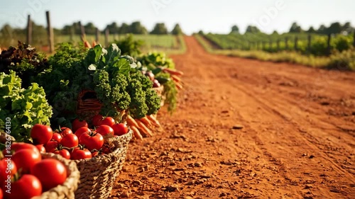 Freshly harvested vegetables are displayed in woven baskets, and a dirt road in the background