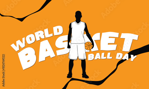 World basketball day. Basketball player showoff infront of the word basketball flat design concept.