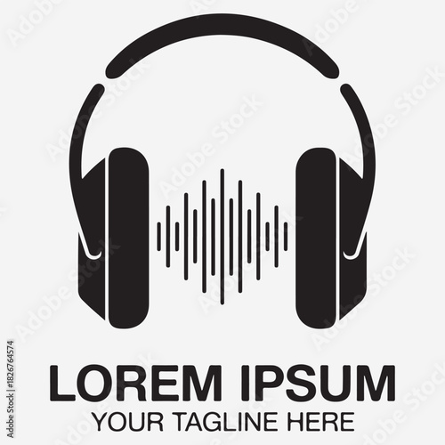 Black headphones with sound wave and text placeholder