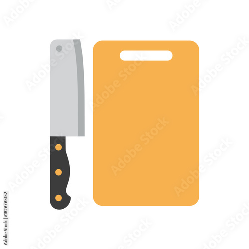 Sharp chef knife and orange cutting board in flat design in orange, black, and gray colors for cooking and kitchen