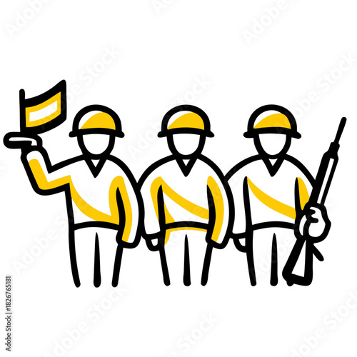 Three soldiers standing together, holding flag and rifle in uniform  