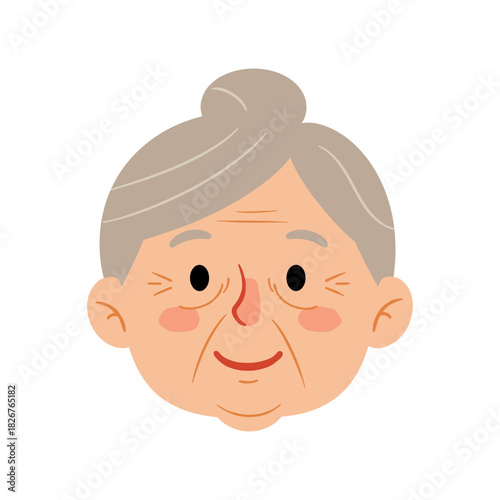 Smiling elderly Woman, Grandmother with gray hair and cheerful expression in flat style for senior care, happiness, and family love