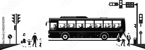 City street scene silhouette, public transportation bus with passengers, pedestrians waiting at traffic lights, urban daily commute illustration, black and white vector