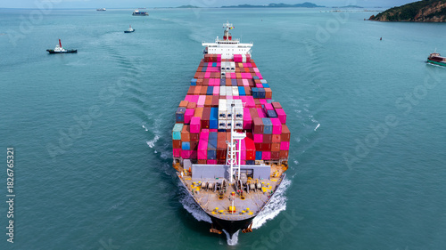 Aerial view of container cargo ship, Container cargo ship in import export logistic, Global business Logistics and transportation international container cargo ship, Container cargo freight shipping.