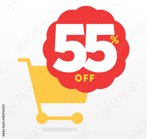 55% off, market, special, advertisement, promo, sale, discount, offer, clearance, tag, store, advertising, shopping cart, vector, set, icon, design, poster, sign. Retail, annual, banner, shape