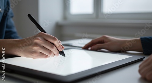 A digital artist uses a stylus on a graphics tablet for creative design work on a computer. Concept of digital art and graphic design.
