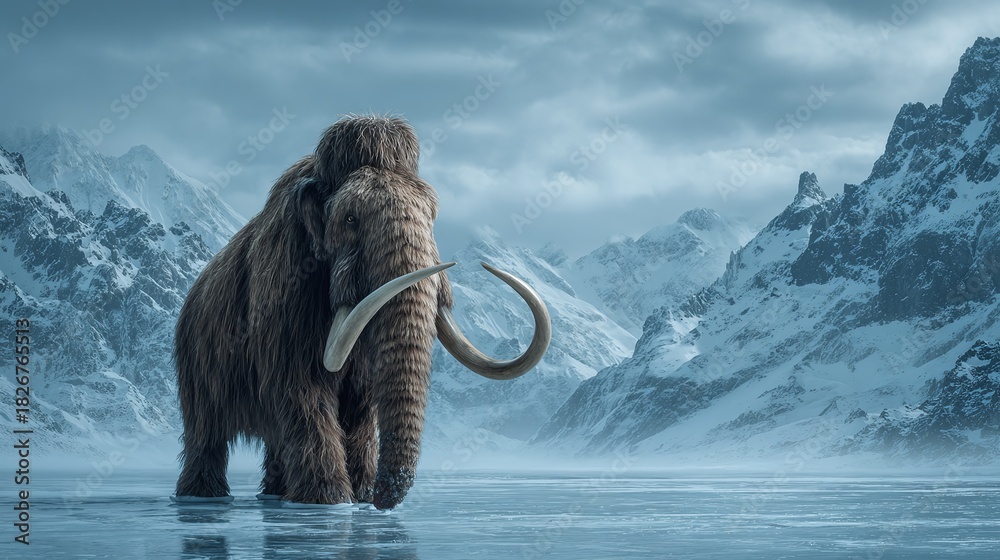 Naklejka premium Majestic mammoth stands in icy water, a relic of the ice age. Snow-capped mountains rise in the background, a serene scene of wildlife and ancient history.