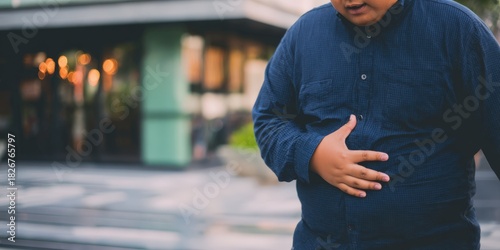 Overweight man suffering from stomach ache feeling pain
