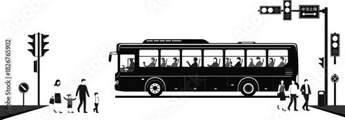 City street silhouette, public bus with passengers, pedestrians waiting, family walking, traffic lights, urban commute illustration, vector graphic, road safety scene