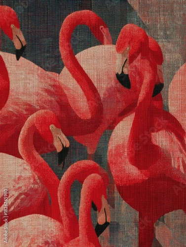 Surreal red flamingos Grid arranged in organic geometric grid