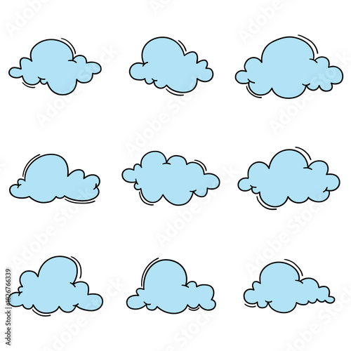 Hand-drawn cartoon set of blue clouds on a white background.