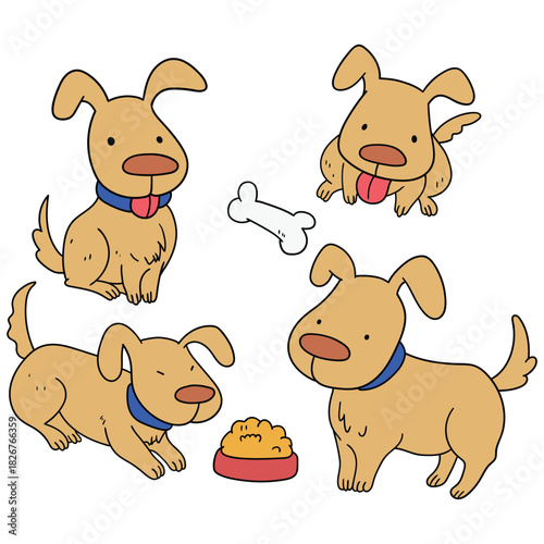 Hand-drawn cartoon set of dogs on a white background.