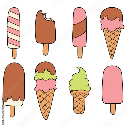 Hand-drawn cartoon set of ice creams on a white background.