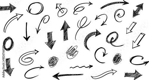 Hand drawn arrow collection in black ink for directional guidance and emphasis