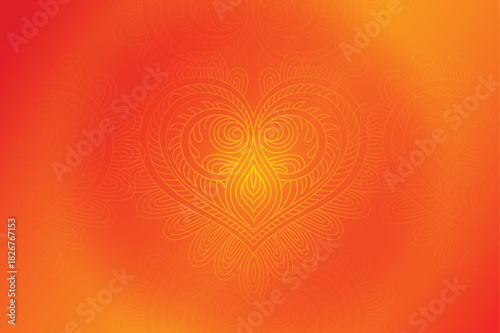 Bright vector illustration symmetrical heart detailed delicate ornamental drawing warm orange red yellow gradient