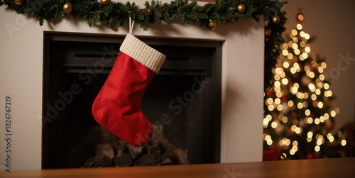 a christmas stocking hanging on a fireplace with a christmas tree