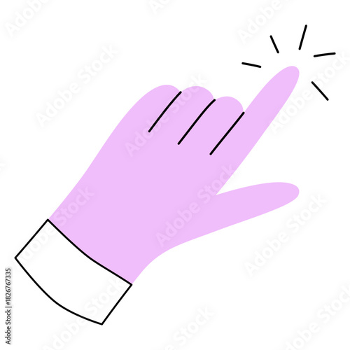 Playful hand pointing gesture. Touch or click icon in hand drawn flat style vector illustration