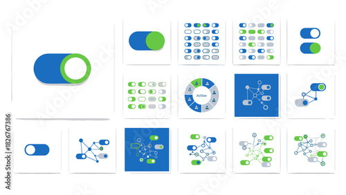 Collection of toggle switches and network diagrams