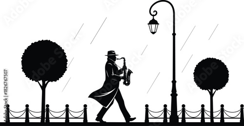 Silhouette of jazz musician playing saxophone in rain, walking under street light, black and white vector illustration, noir concept