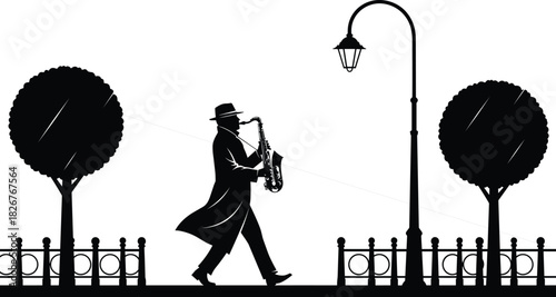 Silhouette of jazz musician playing saxophone under street light, walking in park, black and white vector illustration, noir style concept