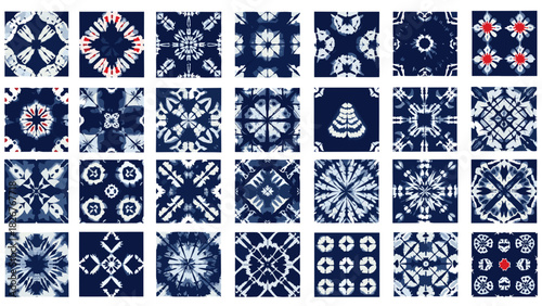 Collection of indigo tiedye patterns on a