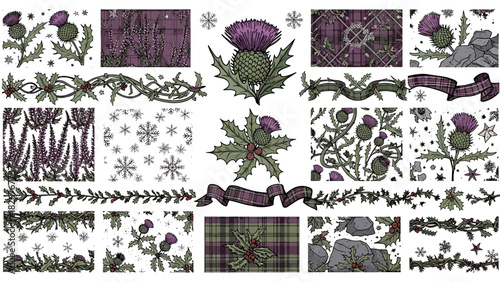 Scottish thistle floral elements and tartan patterns collection