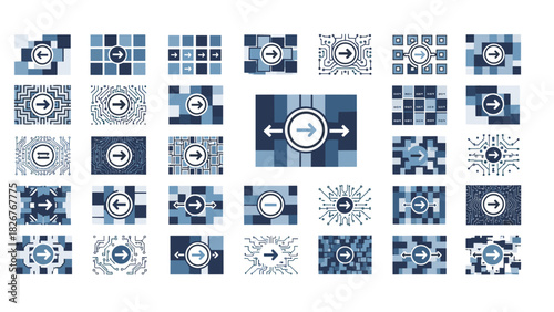 Collection of abstract blue arrow icons and patterns on a
