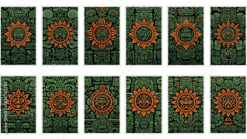 Collection of ancient mayan glyphs and symbols on stone tablets