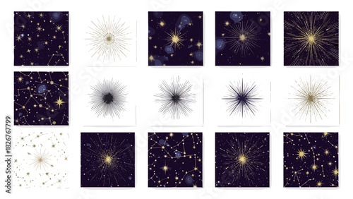Collection of celestial star patterns and constellations on dark background
