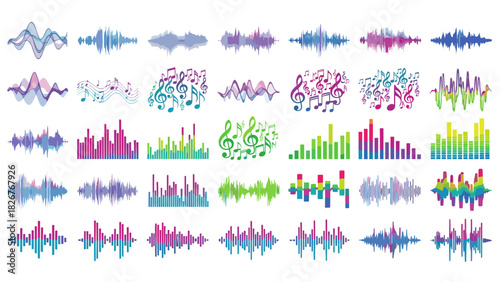 Collection of colorful sound wave and music note graphics