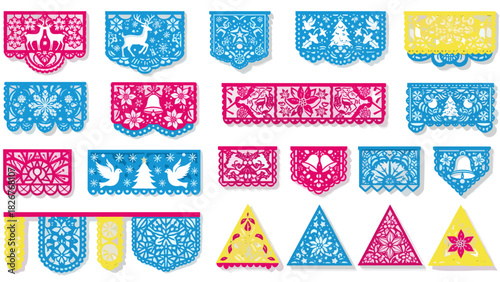 Collection of colorful papel picado banners with festive designs