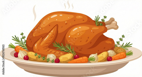 Roasted Turkey Dinner with Vegetables on a Plate - Thanksgiving Feast Illustration
