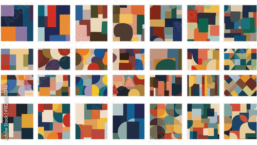 Abstract geometric patterns in various color palettes and shapes