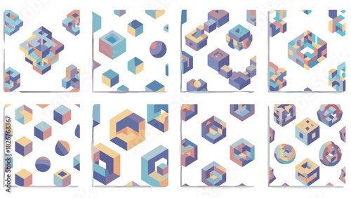 Abstract geometric shapes and cubes in isometric perspective