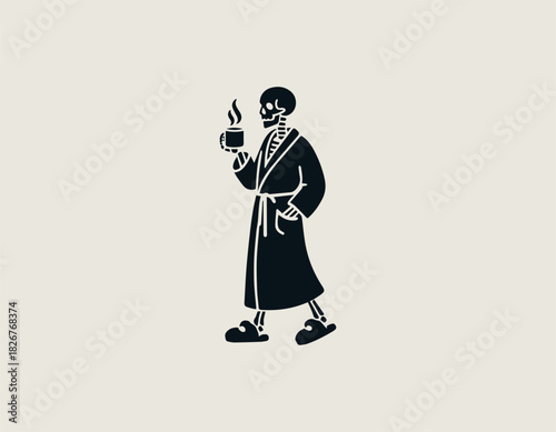 Black silhouette illustration of the Grim Reaper wearing a bathrobe and slippers, holding a book/tablet and a steaming coffee mug.